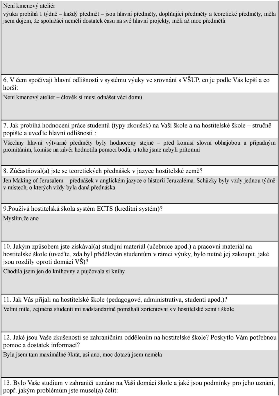 Jak probíhá hodnocení práce studentů (typy zkoušek) na Vaší škole a na hostitelské škole stručně popište a uveďte hlavní odlišnosti : Všechny hlavní výtvarné předměty byly hodnoceny stejně před