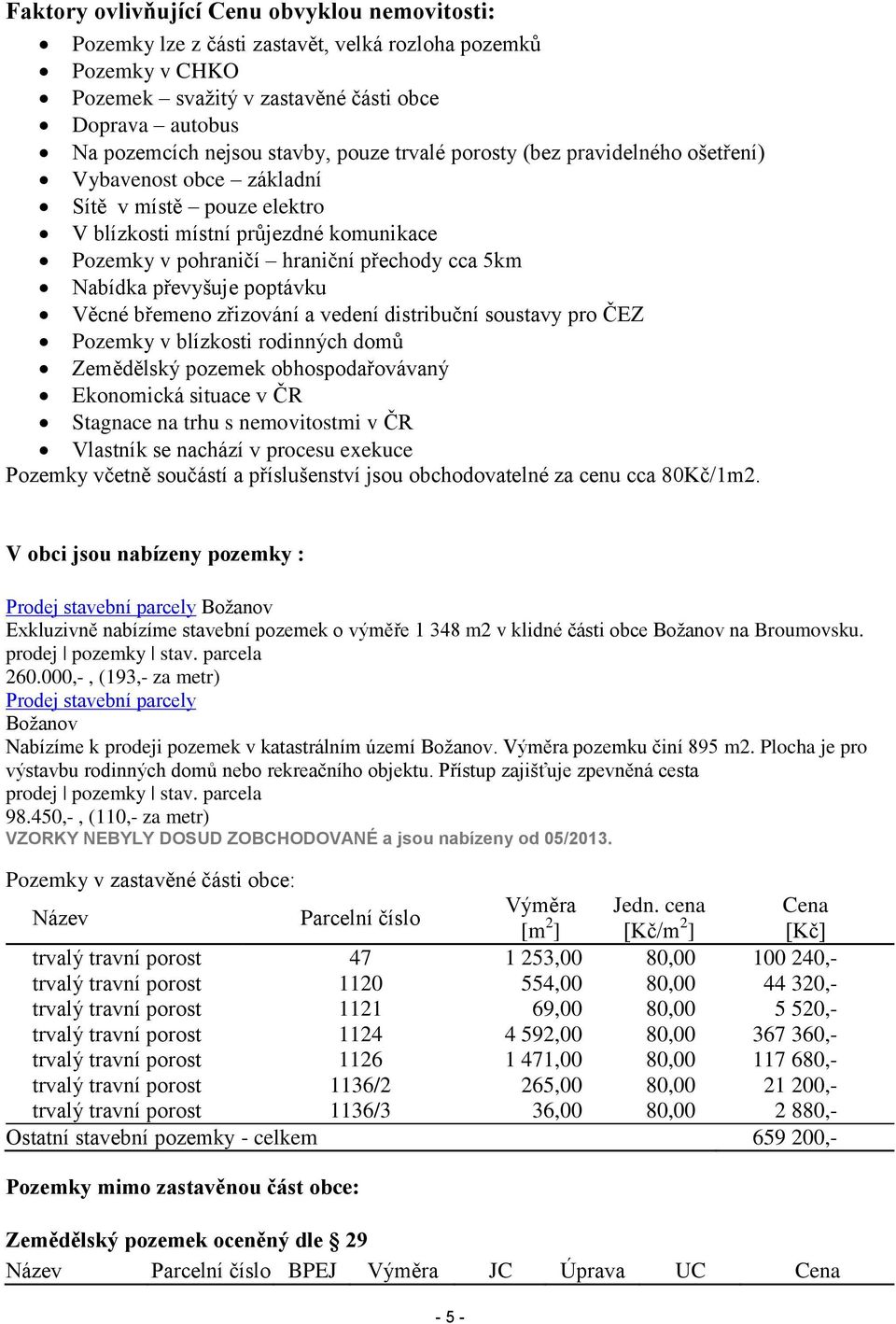 převyšuje poptávku Věcné břemeno zřizování a vedení distribuční soustavy pro ČEZ Pozemky v blízkosti rodinných domů Zemědělský pozemek obhospodařovávaný Ekonomická situace v ČR Stagnace na trhu s