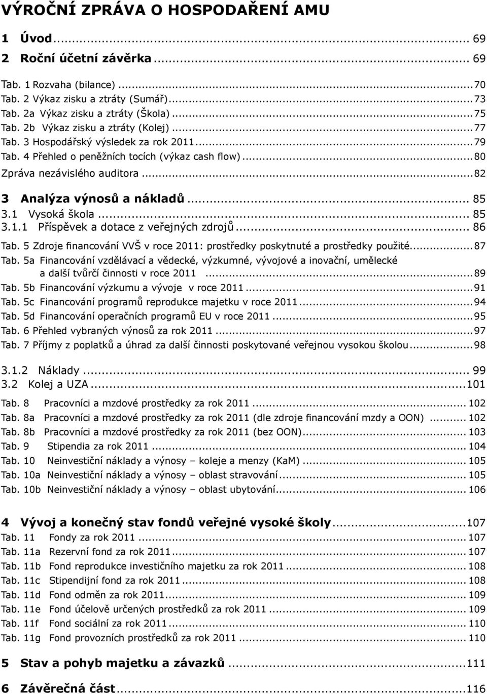 .. 85 3.1 Vysoká škola... 85 3.1.1 Příspěvek a dotace z veřejných zdrojů... 86 Tab. 5 Zdroje financování VVŠ v roce 2011: prostředky poskytnuté a prostředky použité...87 Tab.