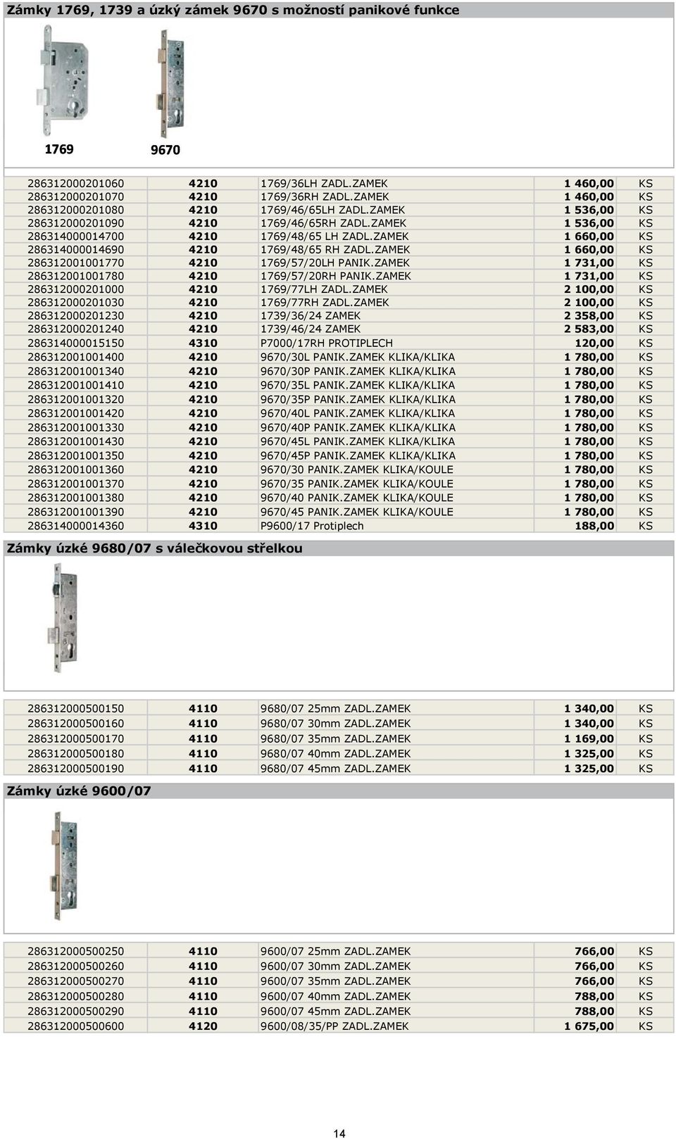 ZAMEK 1 660,00 KS 286314000014690 4210 1769/48/65 RH ZADL.ZAMEK 1 660,00 KS 286312001001770 4210 1769/57/20LH PANIK.ZAMEK 1 731,00 KS 286312001001780 4210 1769/57/20RH / PANIK.