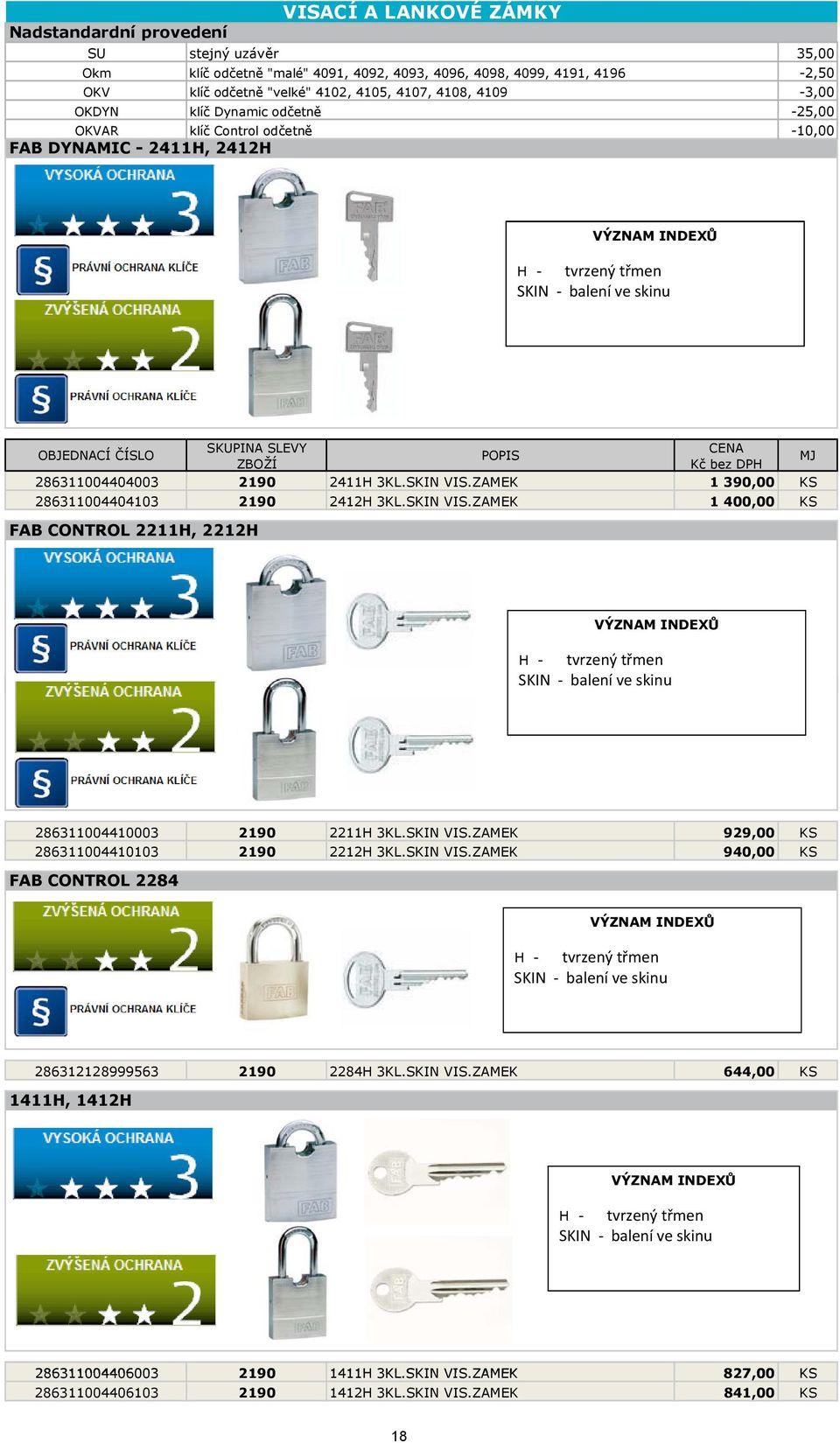 ZAMEK 1 390,00 KS 286311004404103 2190 2412H 3KL.SKIN VIS.ZAMEK 1 400,00 KS FAB CONTROL 2211H, 2212H H - tvrzený třmen SKIN balení ve skinu 286311004410003 2190 2211H 3KL.SKIN VIS.ZAMEK 929,00 KS 286311004410103 2190 2212H 3KL.