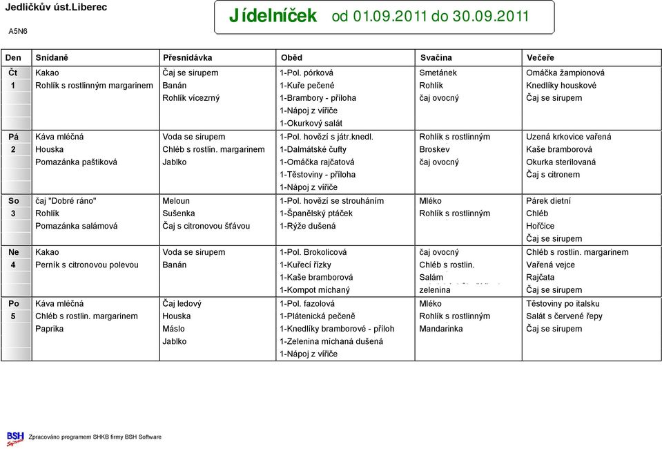Káva mléčná Voda se sirupem 1-Pol. hovězí s játr.knedl. Rohlík s rostlinným Uzená krkovice vařená 2 Houska Chléb s rostlin.