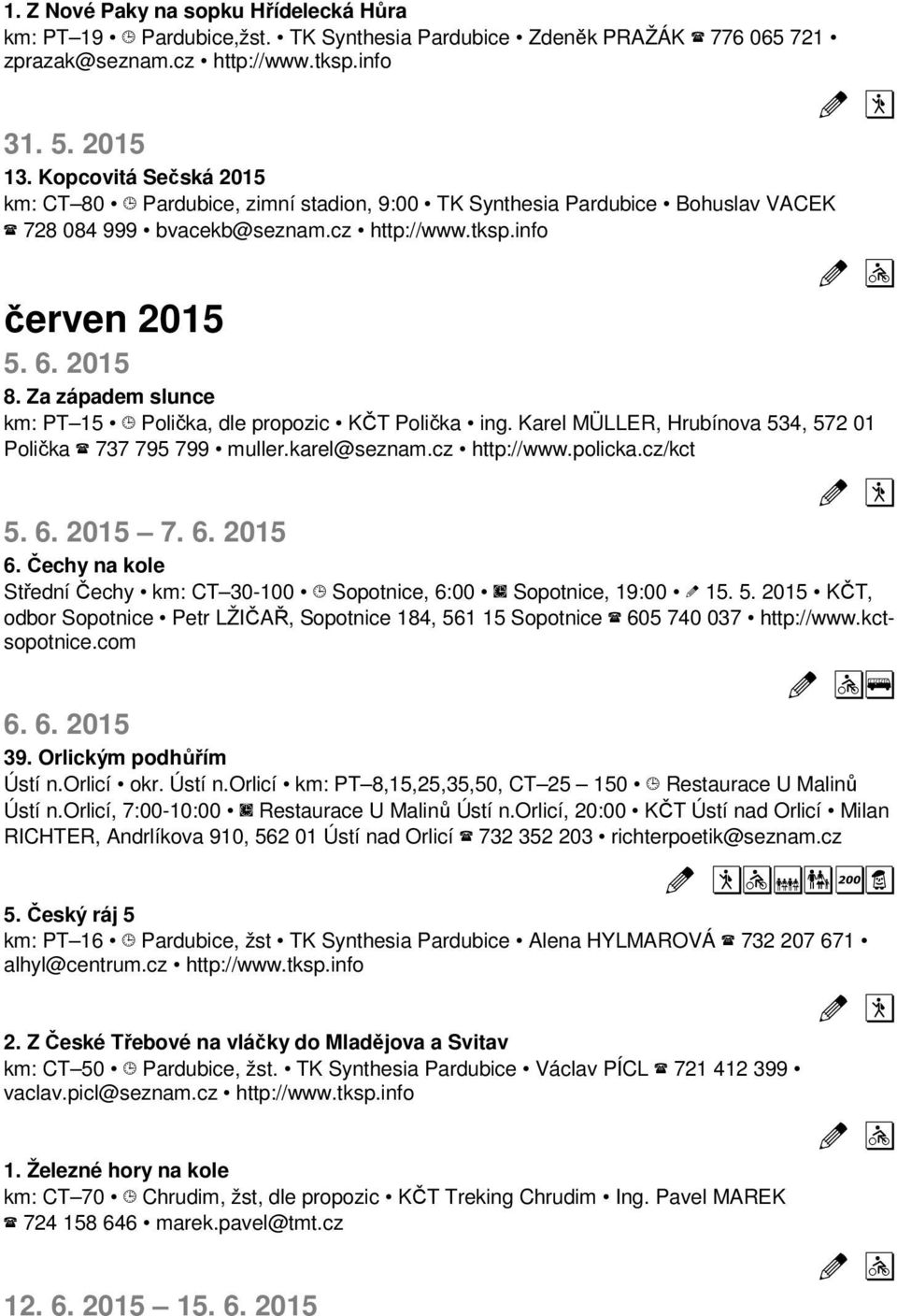 Za západem slunce km: PT 15 Polička, dle propozic KČT Polička ing. Karel MÜLLER, Hrubínova 534, 572 01 Polička 737 795 799 muller.karel@seznam.cz http://www.policka.cz/kct 5. 6. 2015 7. 6. 2015 6.