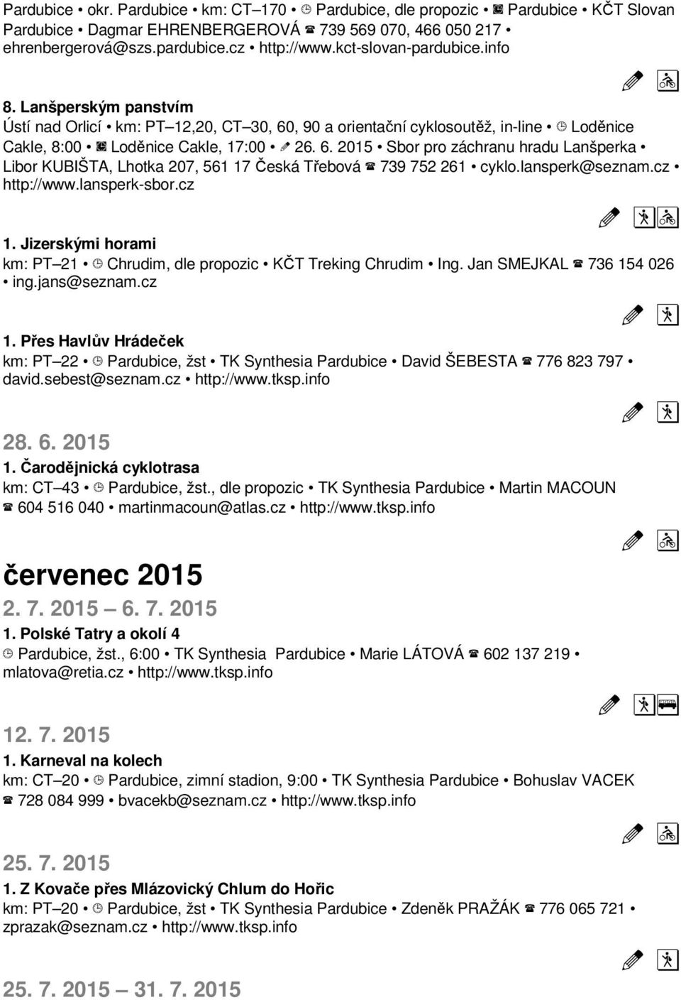 lansperk@seznam.cz http://www.lansperk-sbor.cz 1. Jizerskými horami km: PT 21 Chrudim, dle propozic KČT Treking Chrudim Ing. Jan SMEJKAL 736 154 026 ing.jans@seznam.cz 1. Přes Havlův Hrádeček km: PT 22 Pardubice, žst TK Synthesia Pardubice David ŠEBESTA 776 823 797 david.