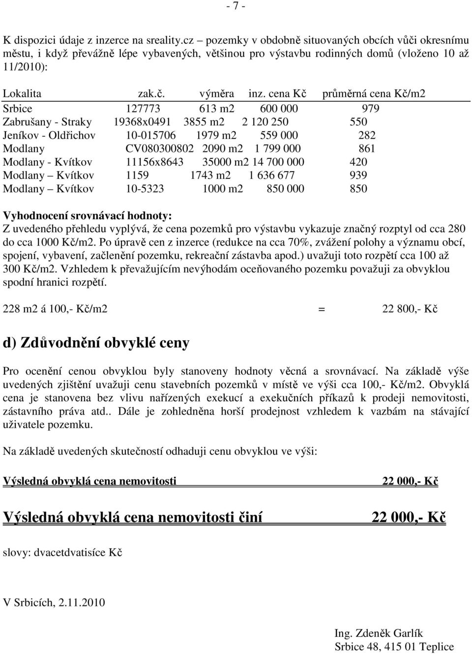 cena Kč průměrná cena Kč/m2 Srbice 127773 613 m2 600 000 979 Zabrušany - Straky 19368x0491 3855 m2 2 120 250 550 Jeníkov - Oldřichov 10-015706 1979 m2 559 000 282 Modlany CV080300802 2090 m2 1 799