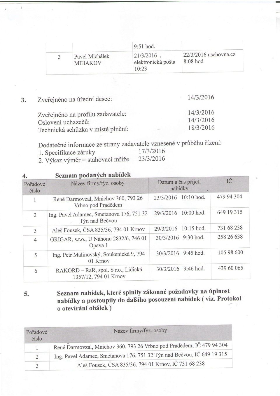 vzlesen6 v prub6hu ifzeni: 1. Specifikace zfurulq 171312016 Z.iykazvymEr : stahovaci mifle 231312016 Seznam nabidek Ren6 Darmovzal, Mnichov 360,793 26 231312016 10:10 hod.