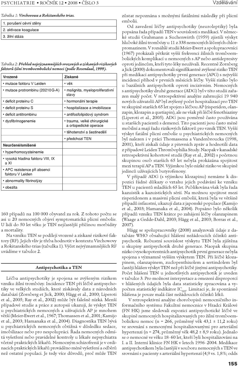 Vrozené mutace faktoru V Leiden mutace protrombinu (20210 G-A) deficit proteinu C deficit proteinu S deficit antitrombinu dysfibrinogenemie Neurčené/smíšené hyperhomocysteinemie vysoká hladina