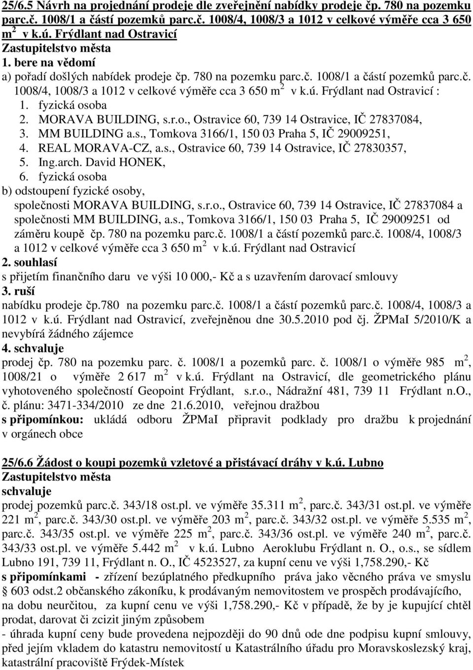 Frýdlant nad Ostravicí : 1. fyzická osoba 2. MORAVA BUILDING, s.r.o., Ostravice 60, 739 14 Ostravice, IČ 27837084, 3. MM BUILDING a.s., Tomkova 3166/1, 150 03 Praha 5, IČ 29009251, 4.