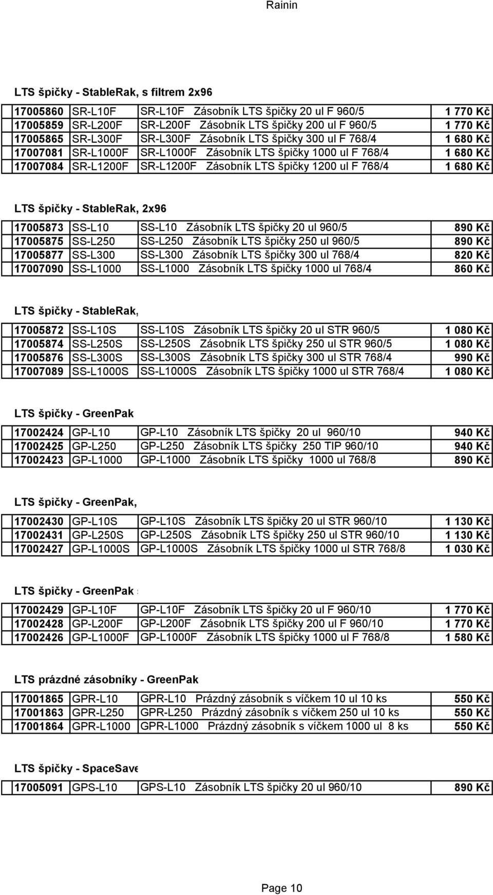 Kč LTS špičky - StableRak, 2x96 17005873 SS-L10 SS-L10 Zásobník LTS špičky 20 ul 960/5 890 Kč 17005875 SS-L250 SS-L250 Zásobník LTS špičky 250 ul 960/5 890 Kč 17005877 SS-L300 SS-L300 Zásobník LTS