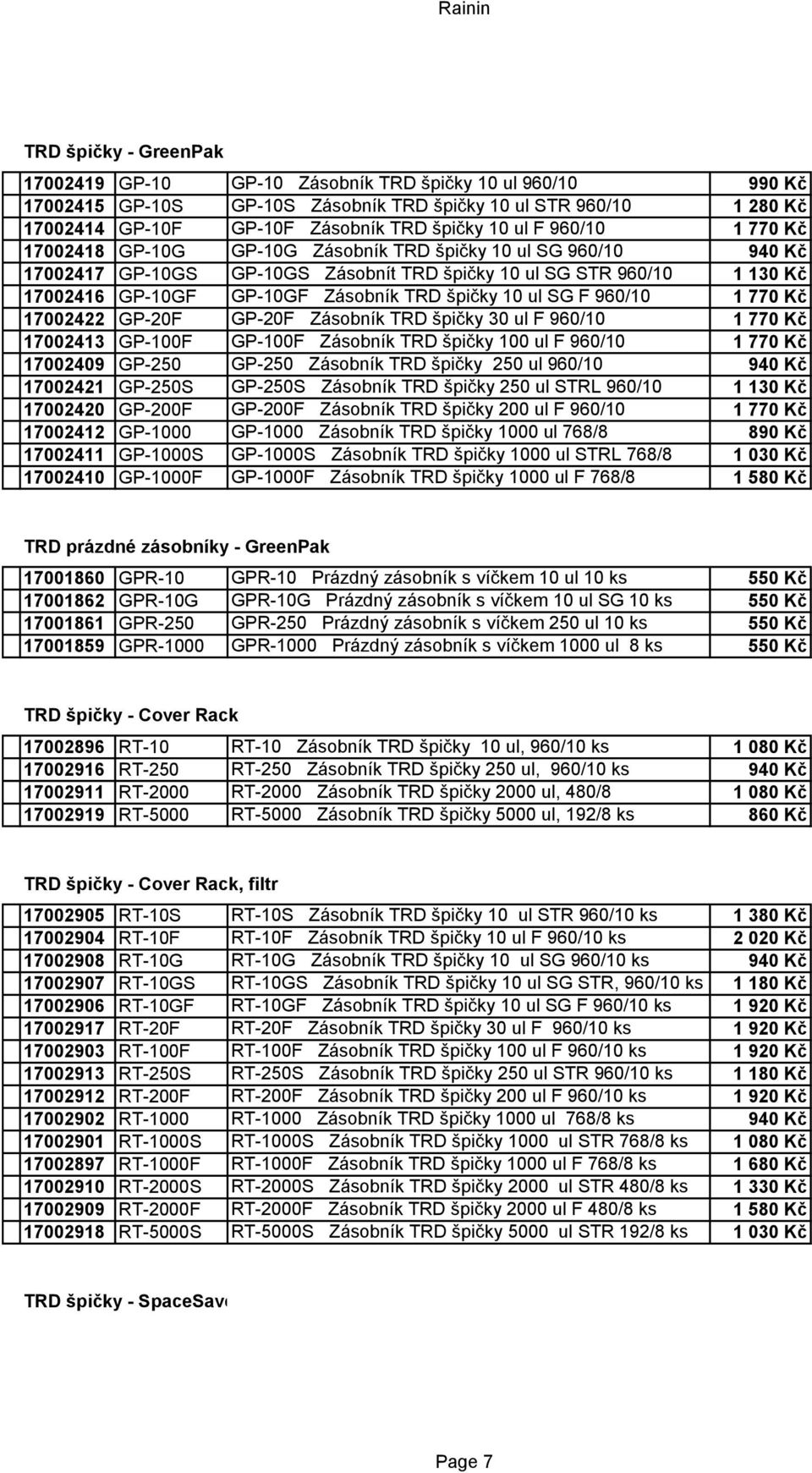 špičky 10 ul SG F 960/10 1 770 Kč 17002422 GP-20F GP-20F Zásobník TRD špičky 30 ul F 960/10 1 770 Kč 17002413 GP-100F GP-100F Zásobník TRD špičky 100 ul F 960/10 1 770 Kč 17002409 GP-250 GP-250