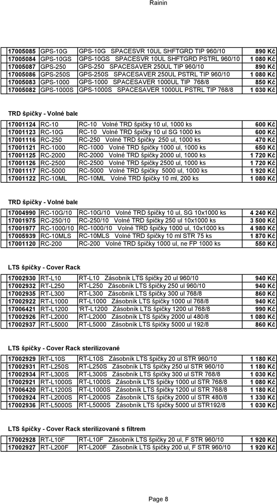 030 Kč TRD špičky - Volné balení 17001124 RC-10 RC-10 Volné TRD špičky 10 ul, 1000 ks 600 Kč 17001123 RC-10G RC-10 Volné TRD špičky 10 ul SG 1000 ks 600 Kč 17001116 RC-250 RC-250 Volné TRD špičky 250