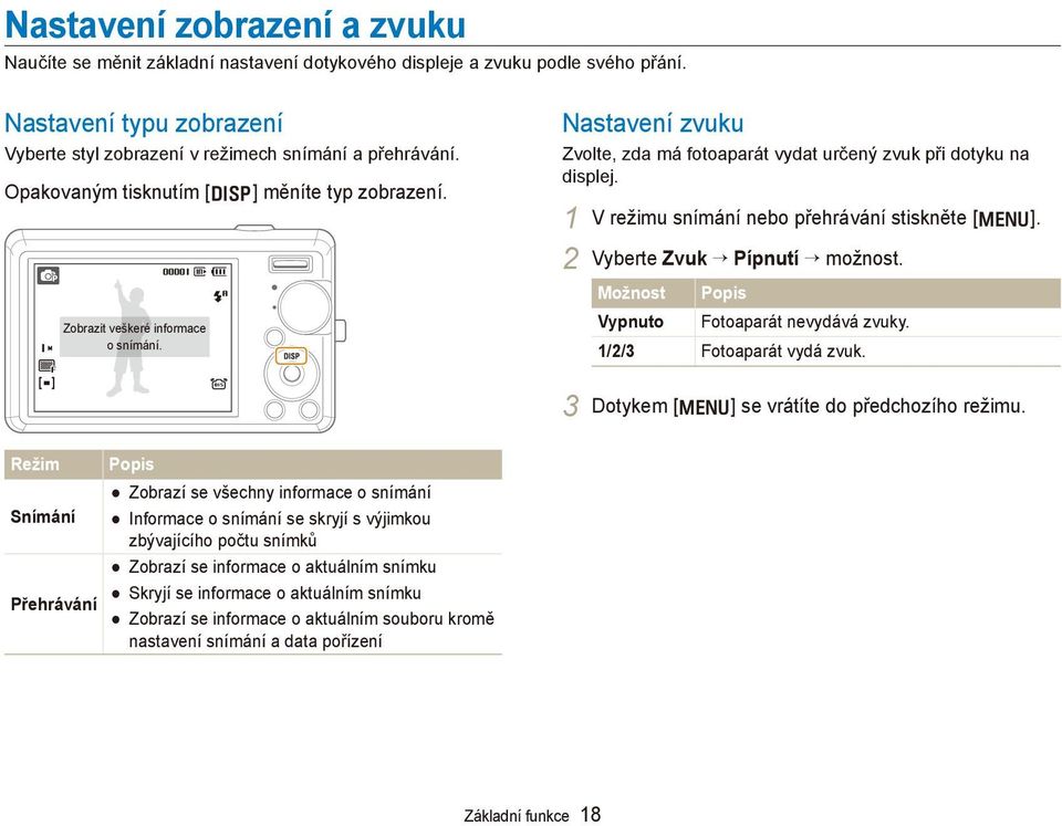 1 V režimu snímání nebo přehrávání stiskněte [ m]. 2 Vyberte Zvuk Pípnutí možnost. Možnost Popis Vypnuto Fotoaparát nevydává zvuky. 1/2/3 Fotoaparát vydá zvuk.