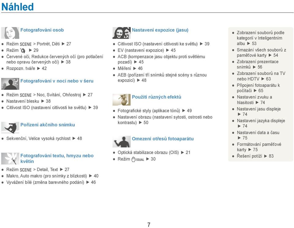 rychlost 48 Fotografování textu, hmyzu nebo květin Režim s > Detail, Text 27 Makro, Auto makro (pro snímky z blízkosti) 40 Vyvážení bílé (změna barevného podání) 46 Nastavení expozice (jasu)