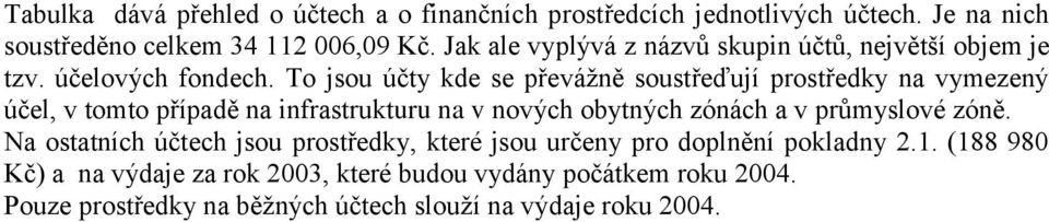 To jsou účty kde se převážně soustřeďují prostředky na vymezený účel, v tomto případě na infrastrukturu na v nových obytných zónách a v