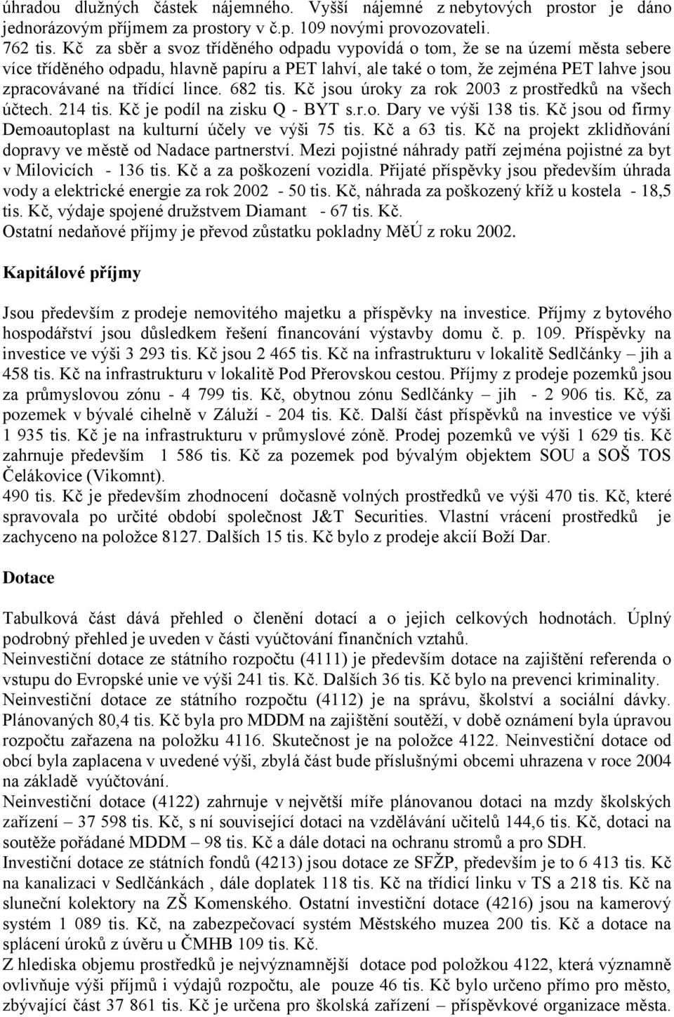 lince. 682 tis. Kč jsou úroky za rok 2003 z prostředků na všech účtech. 214 tis. Kč je podíl na zisku Q - BYT s.r.o. Dary ve výši 138 tis.