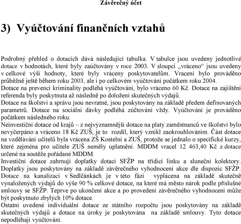 Dotace na prevenci kriminality podléhá vyúčtování, bylo vráceno 60 Kč. Dotace na zajištění referenda byly poskytnuta až následně po doložení skutečných výdajů.