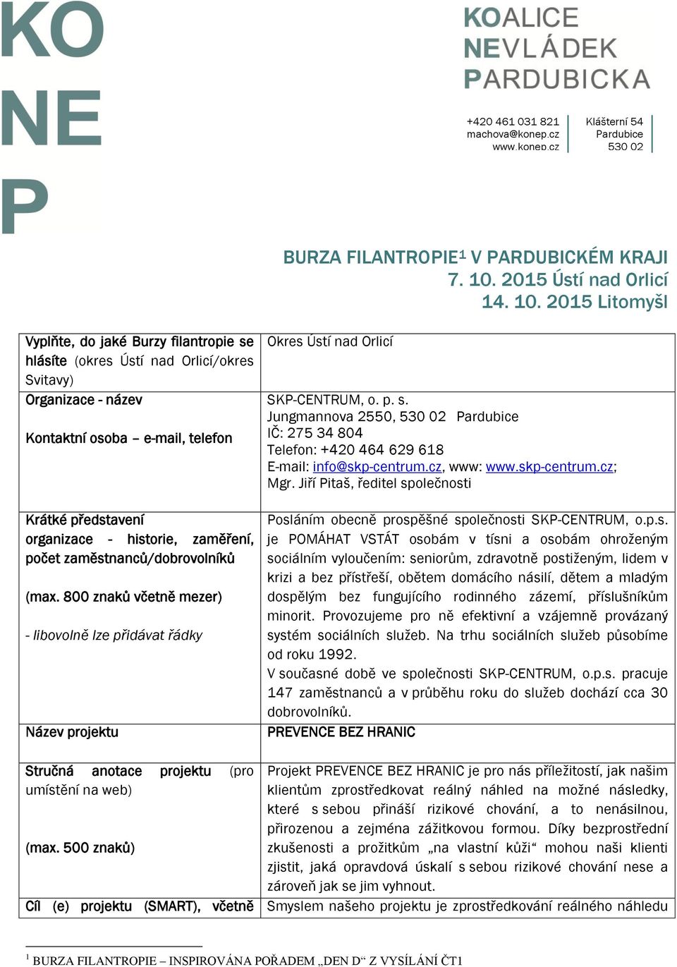 2015 Litomyšl Vyplňte, do jaké Burzy filantropie se hlásíte (okres Ústí nad Orlicí/okres Svitavy) Organizace - název Kontaktní osoba e-mail, telefon Krátké představení organizace - historie,