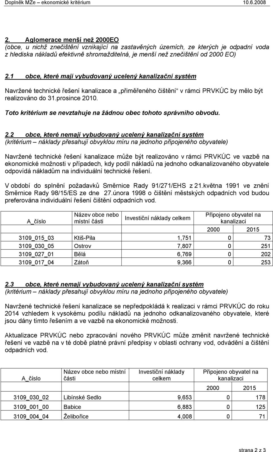1 obce, které mají vybudovaný ucelený kanalizační systém Navržené technické řešení kanalizace a přiměřeného čištění v rámci PRVKÚC by mělo být realizováno do 31.prosince 2010.