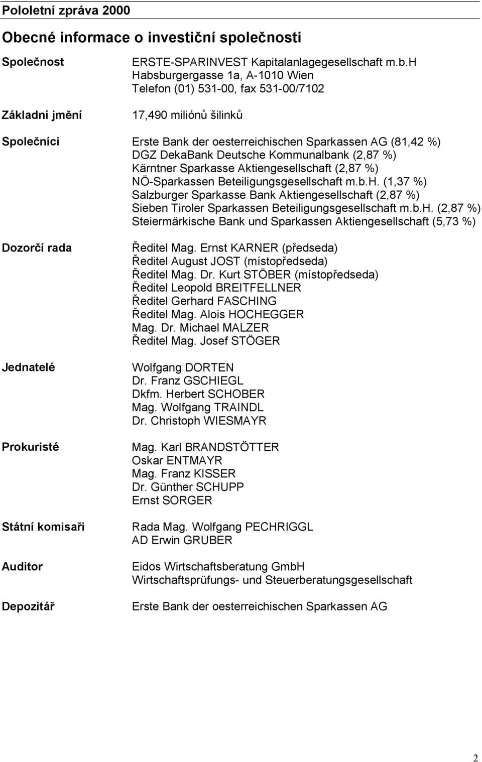 h Habsburgergasse 1a, A-1010 Wien Telefon (01) 531-00, fax 531-00/7102 17,490 miliónů šilinků Společníci Erste Bank der oesterreichischen Sparkassen AG (81,42 %) DGZ DekaBank Deutsche Kommunalbank