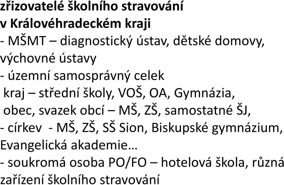 obec, svazek obcí MŠ, ZŠ, samostatné ŠJ, - církev - MŠ, ZŠ, SŠ Sion, Biskupské gymnázium,