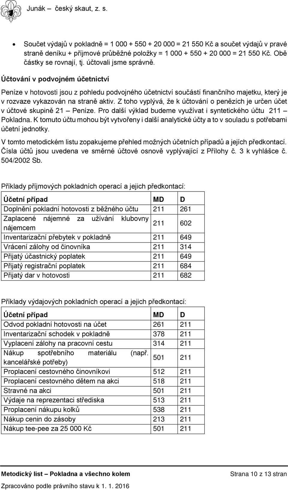 Z toho vyplývá, že k účtování o penězích je určen účet v účtové skupině 21 Peníze. Pro další výklad budeme využívat i syntetického účtu 211 Pokladna.