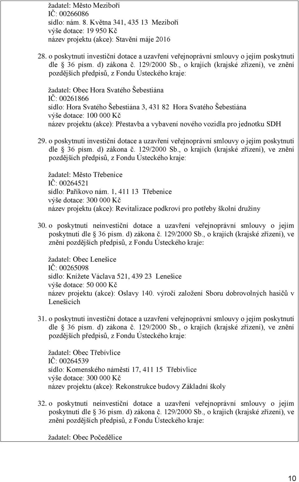 , o krajích (krajské zřízení), ve znění žadatel: Obec Hora Svatého Šebestiána IČ: 00261866 sídlo: Hora Svatého Šebestiána 3, 431 82 Hora Svatého Šebestiána výše dotace: 100 000 Kč název projektu