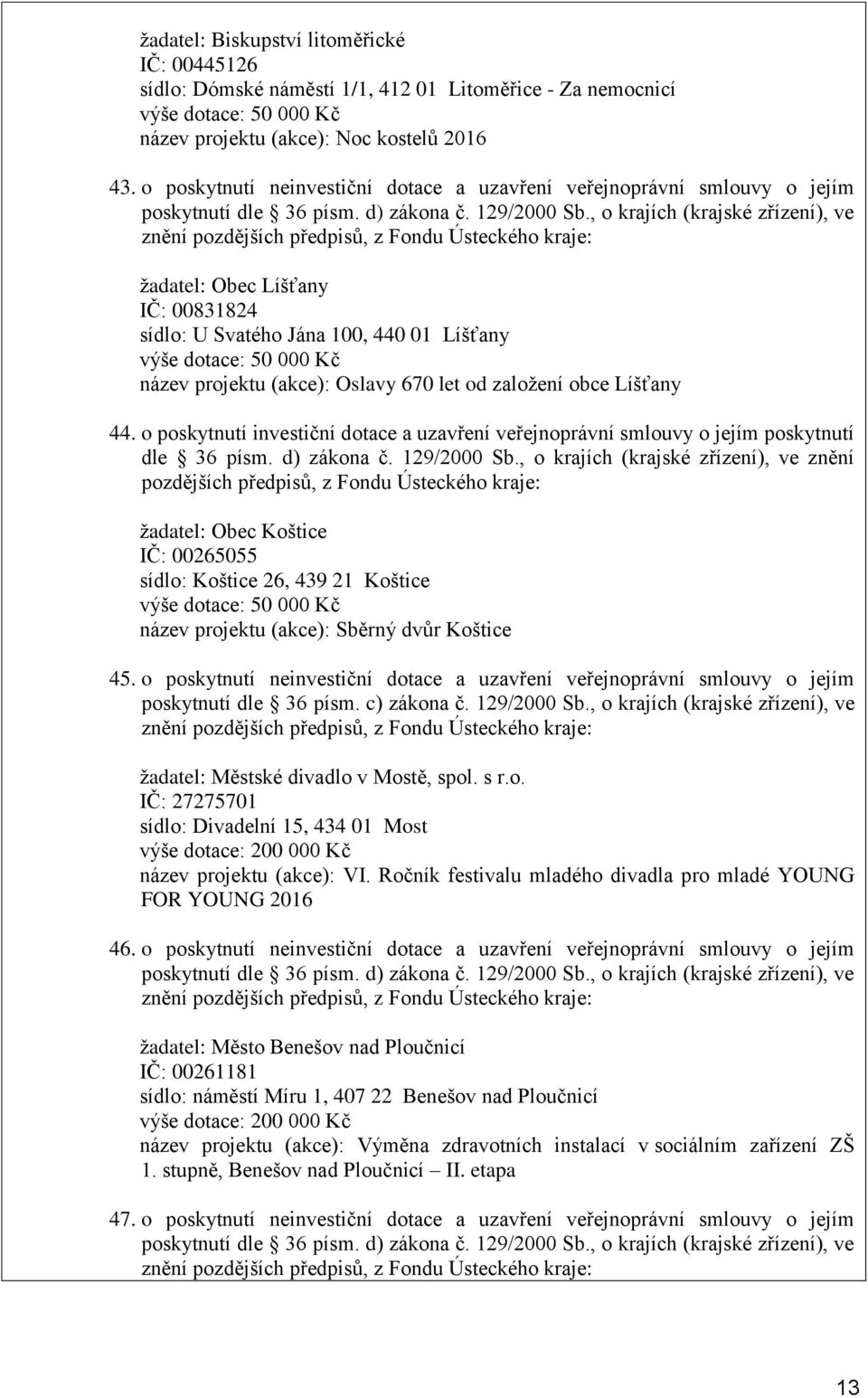 Oslavy 670 let od založení obce Líšťany 44. o poskytnutí investiční dotace a uzavření veřejnoprávní smlouvy o jejím poskytnutí dle 36 písm. d) zákona č. 129/2000 Sb.