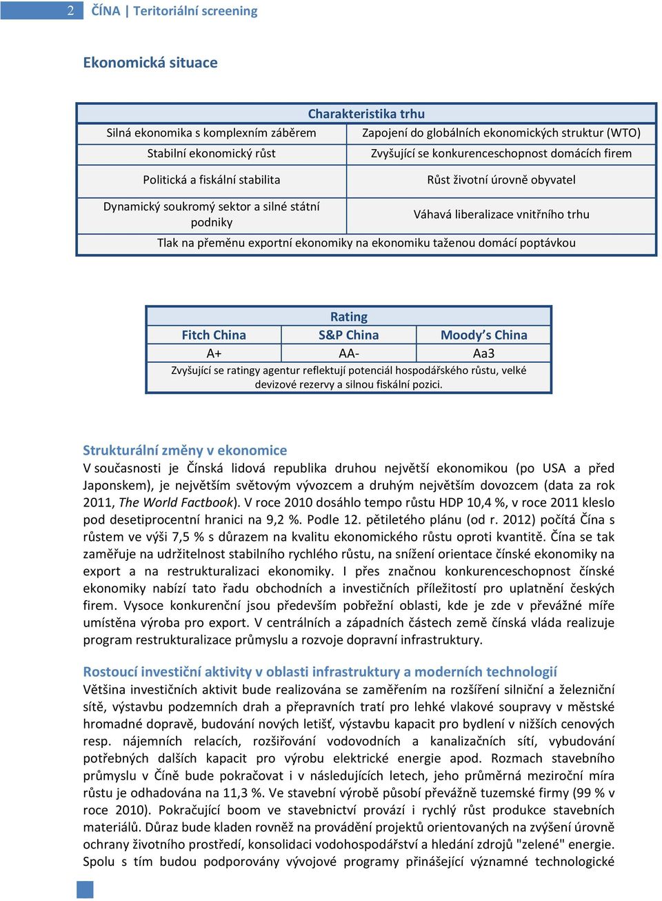 exportní ekonomiky na ekonomiku taženou domácí poptávkou Rating Fitch China S&P China Moody s China A+ AA- Aa3 Zvyšující se ratingy agentur reflektují potenciál hospodářského růstu, velké devizové