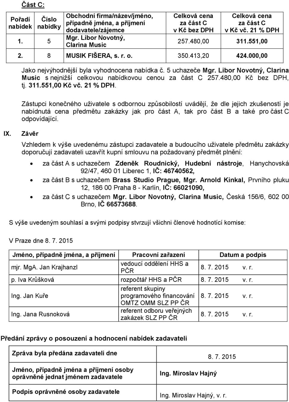 Zástupci konečného uţivatele s odbornou způsobilostí uvádějí, ţe dle jejich zkušeností je nabídnutá cena předmětu zakázky jak pro část A, tak pro část B a také pro část C odpovídající. IX.