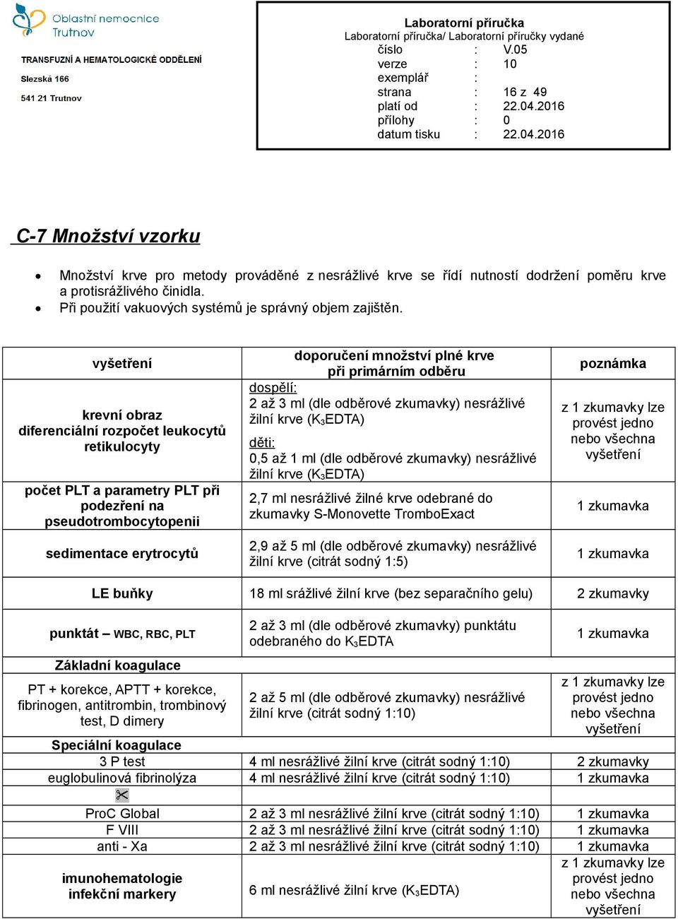 vyšetření krevní obraz diferenciální rozpočet leukocytů retikulocyty počet PLT a parametry PLT při podezření na pseudotrombocytopenii sedimentace erytrocytů doporučení množství plné krve při