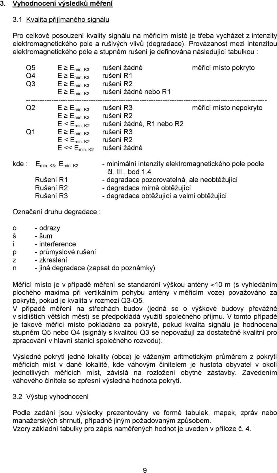 Provázanost mezi intenzitou elektromagnetického pole a stupněm rušení je definována následující tabulkou : Q5 E E min. K3 rušení žádné měřicí místo pokryto Q4 E E min. K3 rušení R1 Q3 E E min.