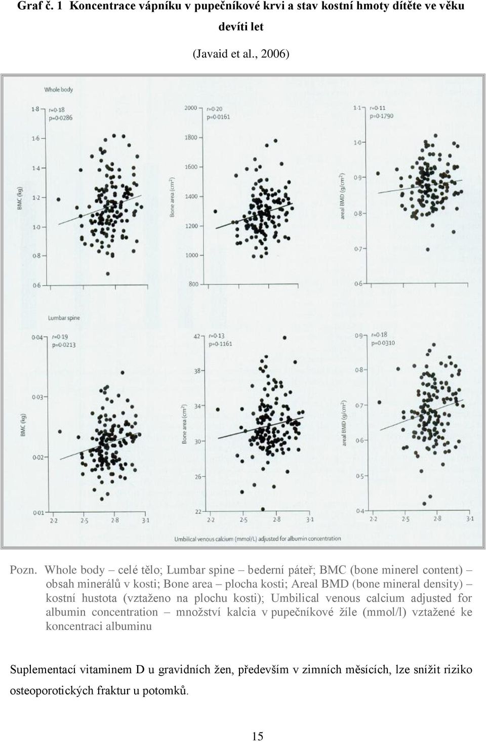 mineral density) kostní hustota (vztaţeno na plochu kosti); Umbilical venous calcium adjusted for albumin concentration mnoţství kalcia v