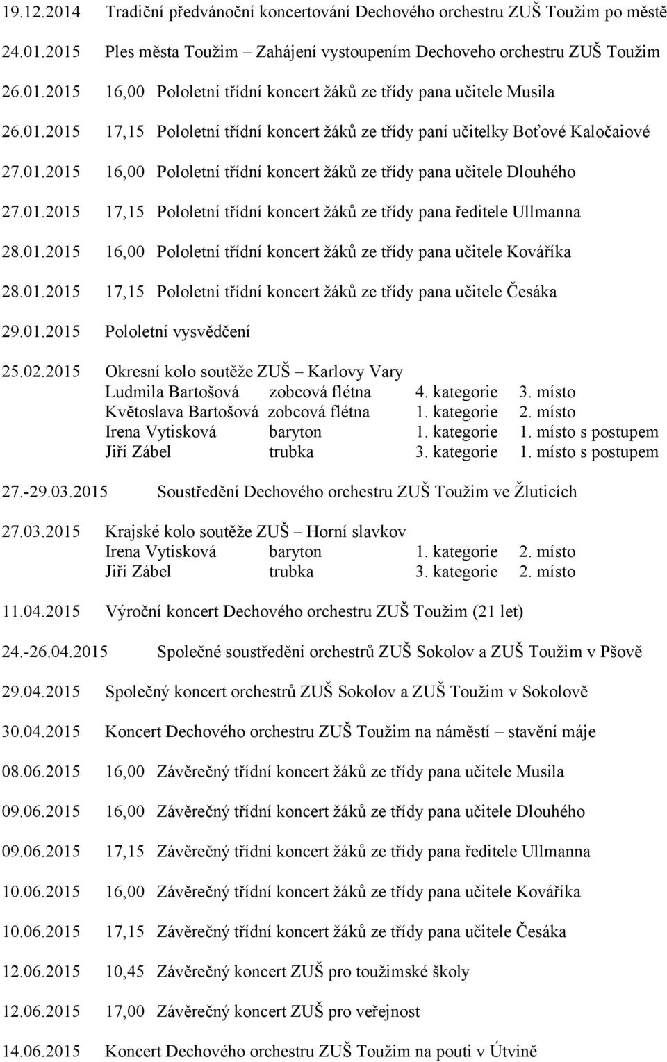 01.2015 16,00 Pololetní třídní koncert žáků ze třídy pana učitele Kováříka 28.01.2015 17,15 Pololetní třídní koncert žáků ze třídy pana učitele Česáka 29.01.2015 Pololetní vysvědčení 25.02.