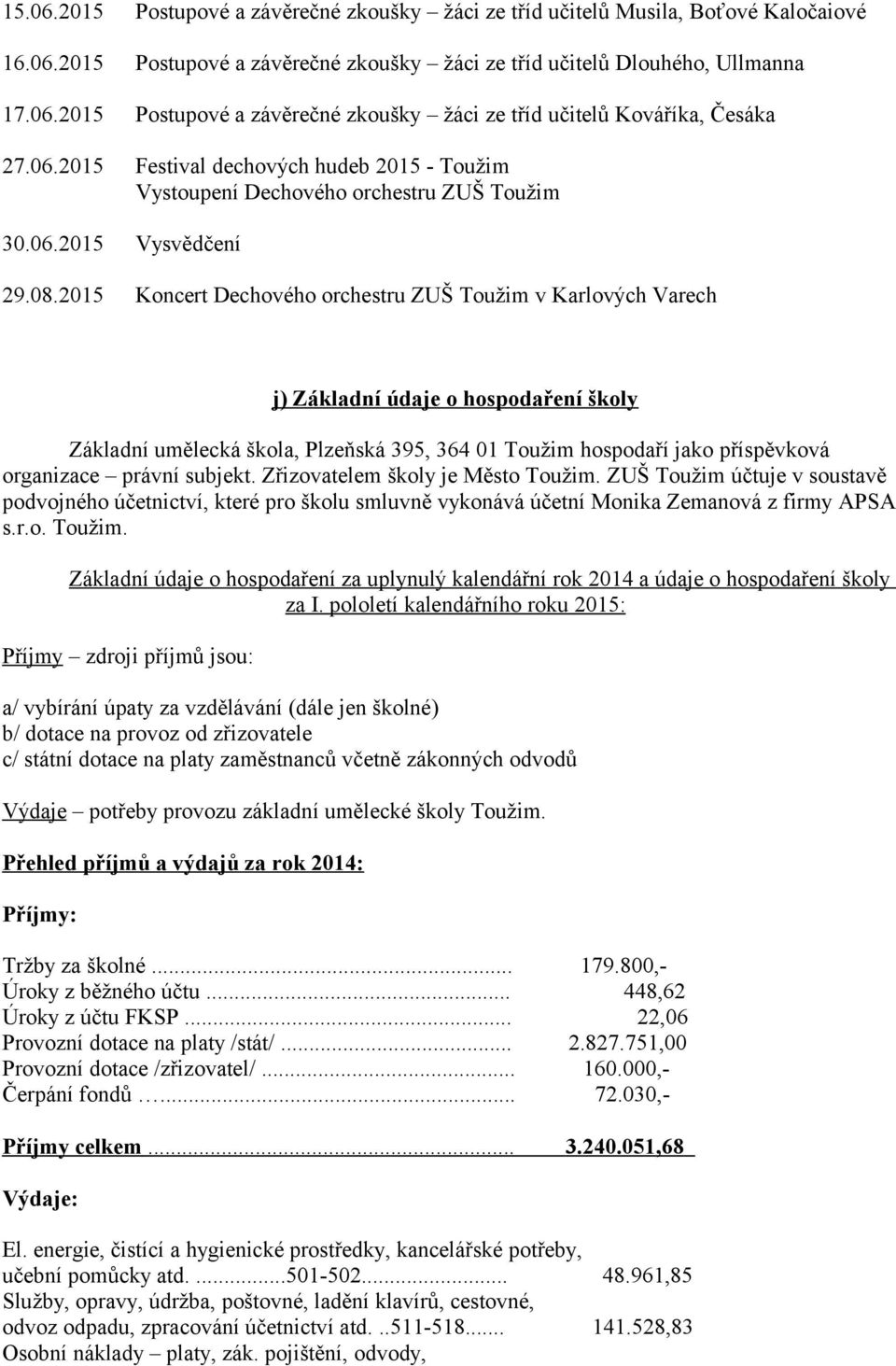 2015 Koncert Dechového orchestru ZUŠ Toužim v Karlových Varech j) Základní údaje o hospodaření školy Základní umělecká škola, Plzeňská 395, 364 01 Toužim hospodaří jako příspěvková organizace právní