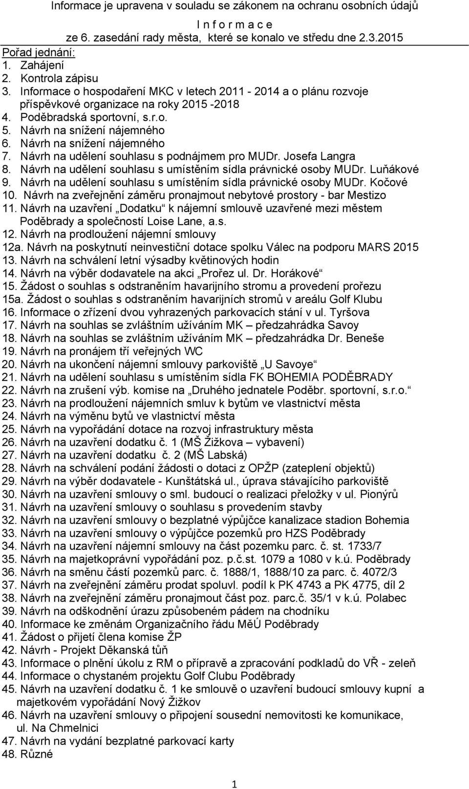 Návrh na snížení nájemného 7. Návrh na udělení souhlasu s podnájmem pro MUDr. Josefa Langra 8. Návrh na udělení souhlasu s umístěním sídla právnické osoby MUDr. Luňákové 9.