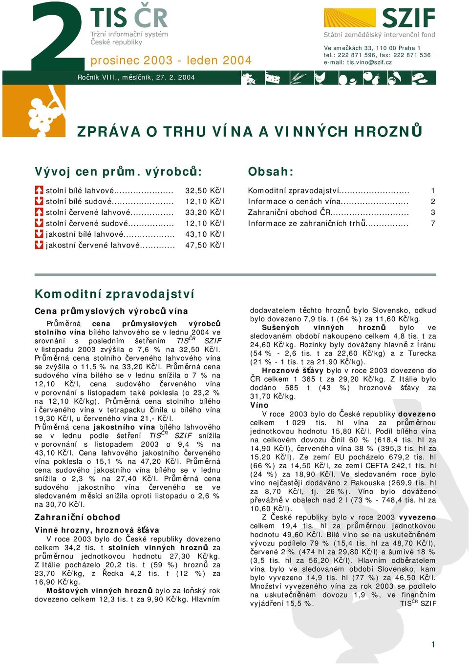 .. 32,50 Kč/l 12,10 Kč/l 33,20 Kč/l 12,10 Kč/l 43,10 Kč/l 47,50 Kč/l Komoditní zpravodajství... Informace o cenách vína... Zahraniční obchod ČR... Informace ze zahraničních trhů.