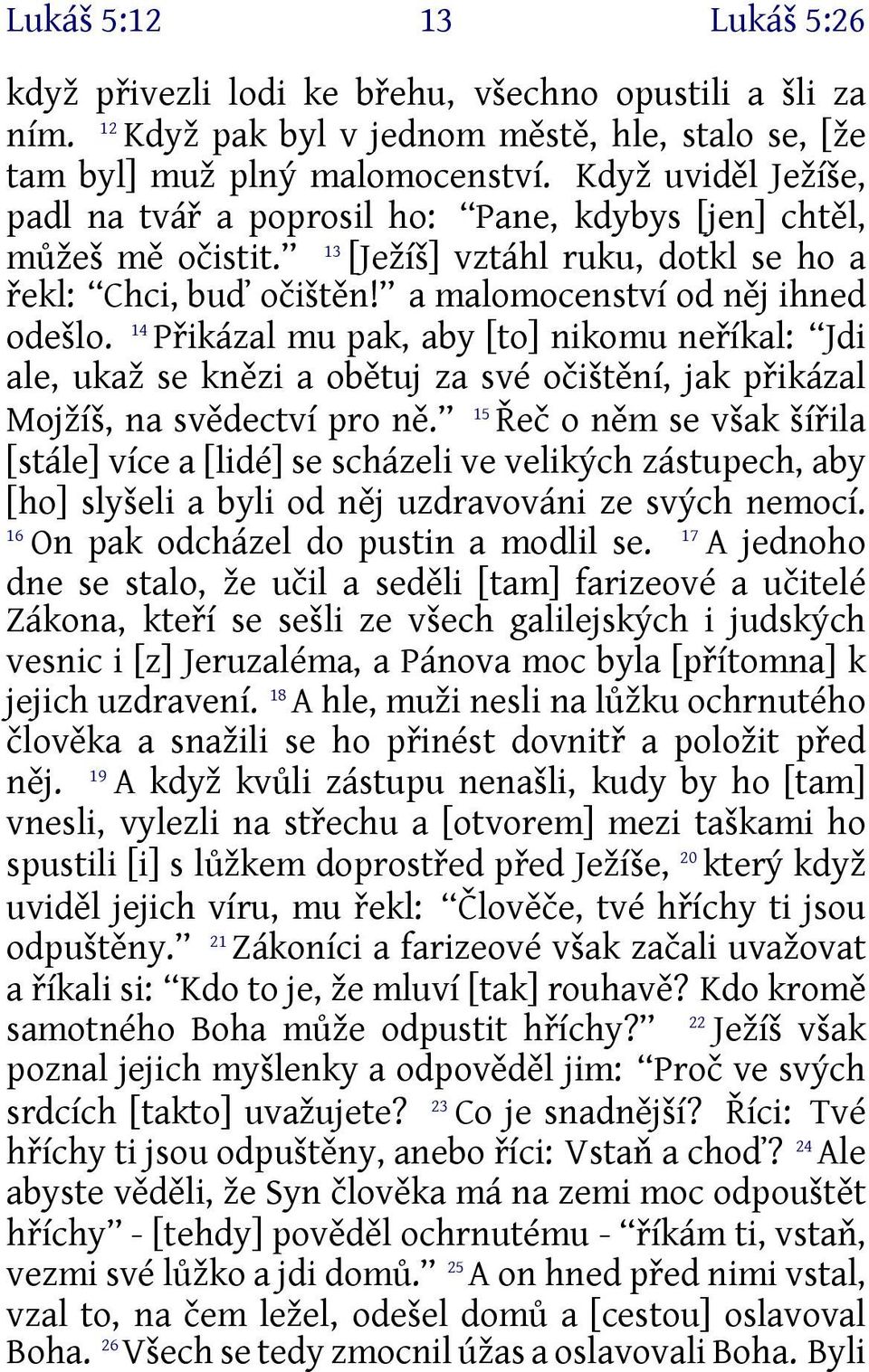 Přikázal mu pak, aby [to] nikomu neříkal: Jdi ale, ukaž se knězi a obětuj za své očištění, jak přikázal Mojžíš, na svědectví pro ně.