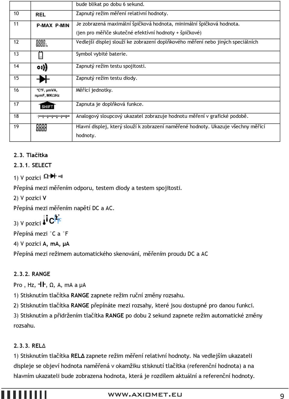 15 Zapnutý režim testu diody. 16 Měřící jednotky. 17 Zapnuta je doplňková funkce. 18 Analogový sloupcový ukazatel zobrazuje hodnotu měření v grafické podobě.