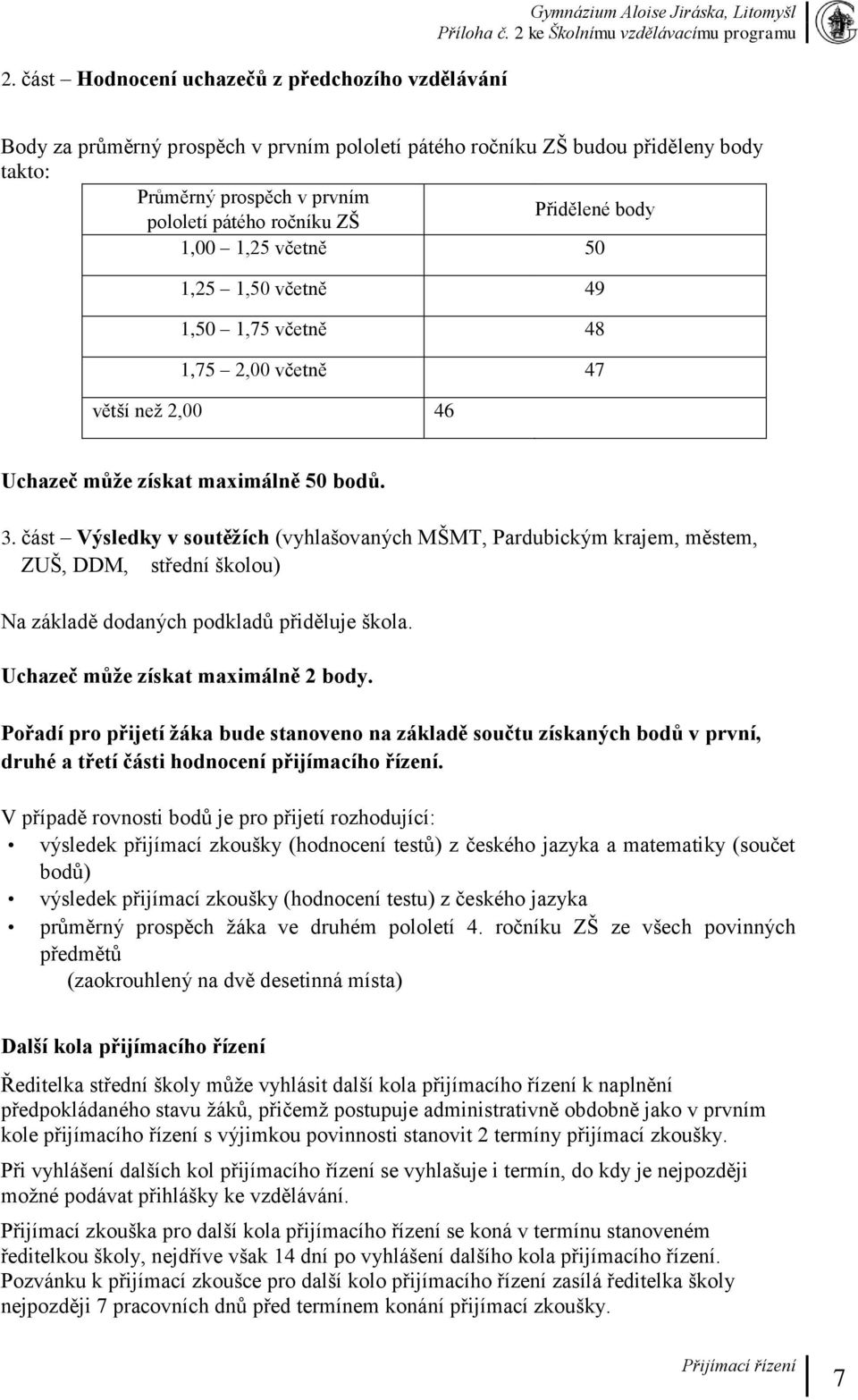 část Výsledky v soutěžích (vyhlašovaných MŠMT, Pardubickým krajem, městem, ZUŠ, DDM, střední školou) Na základě dodaných podkladů přiděluje škola. Uchazeč může získat maximálně 2 body.