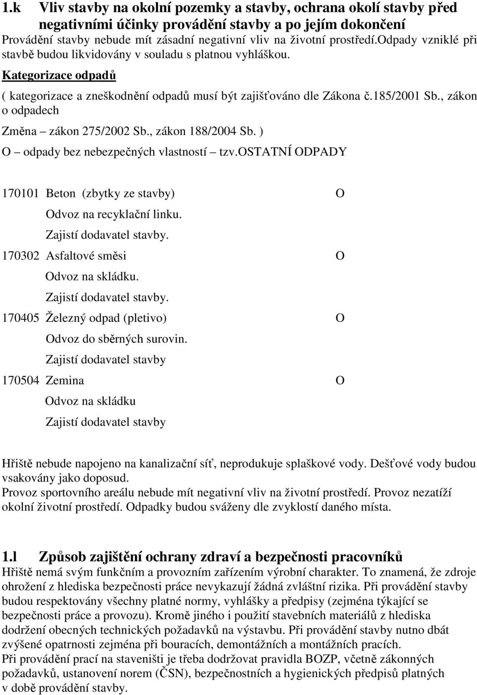 , zákon o odpadech Změna zákon 275/2002 Sb., zákon 188/2004 Sb. ) O odpady bez nebezpečných vlastností tzv.ostatní ODPADY 170101 Beton (zbytky ze stavby) O Odvoz na recyklační linku.