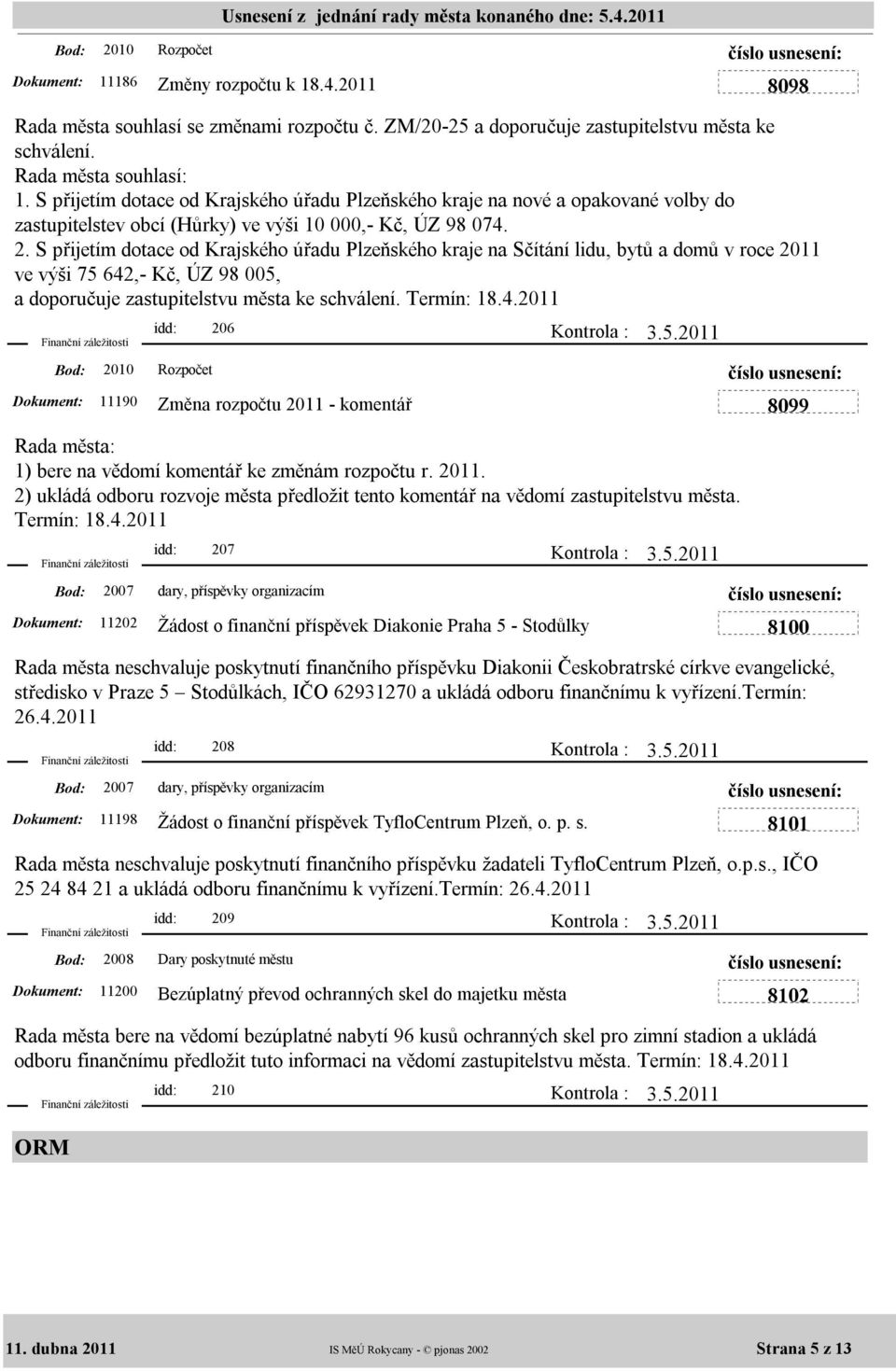 S přijetím dotace od Krajského úřadu Plzeňského kraje na Sčítání lidu, bytů a domů v roce 2011 ve výši 75 642