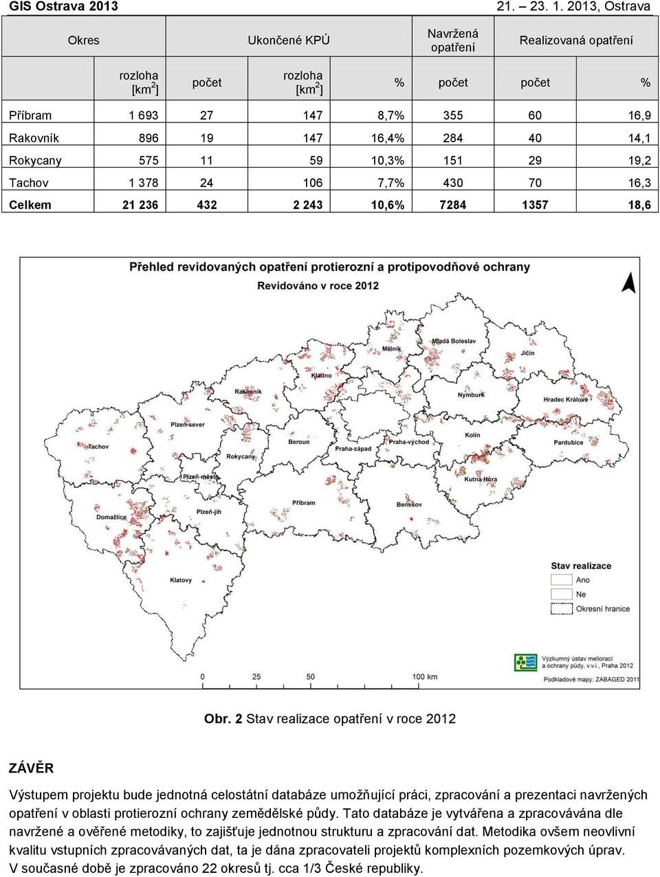 2 Stav realizace opatření v roce 2012 ZÁVĚR Výstupem projektu bude jednotná celostátní databáze umožňující práci, zpracování a prezentaci navržených opatření v oblasti protierozní ochrany zemědělské