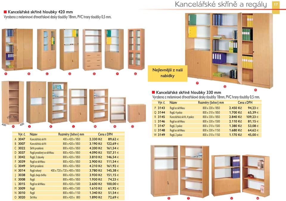 330 Kč 89,62 B 3007 Kancelářská skříň 800 x 420 x 1850 3.190 Kč 122,69 C 3022 Skříň prosklená 800 x 420 x 1850 4.200 Kč 161,54 D 3037 Regál prosklený se skříňkou 800 x 420 x 1850 4.