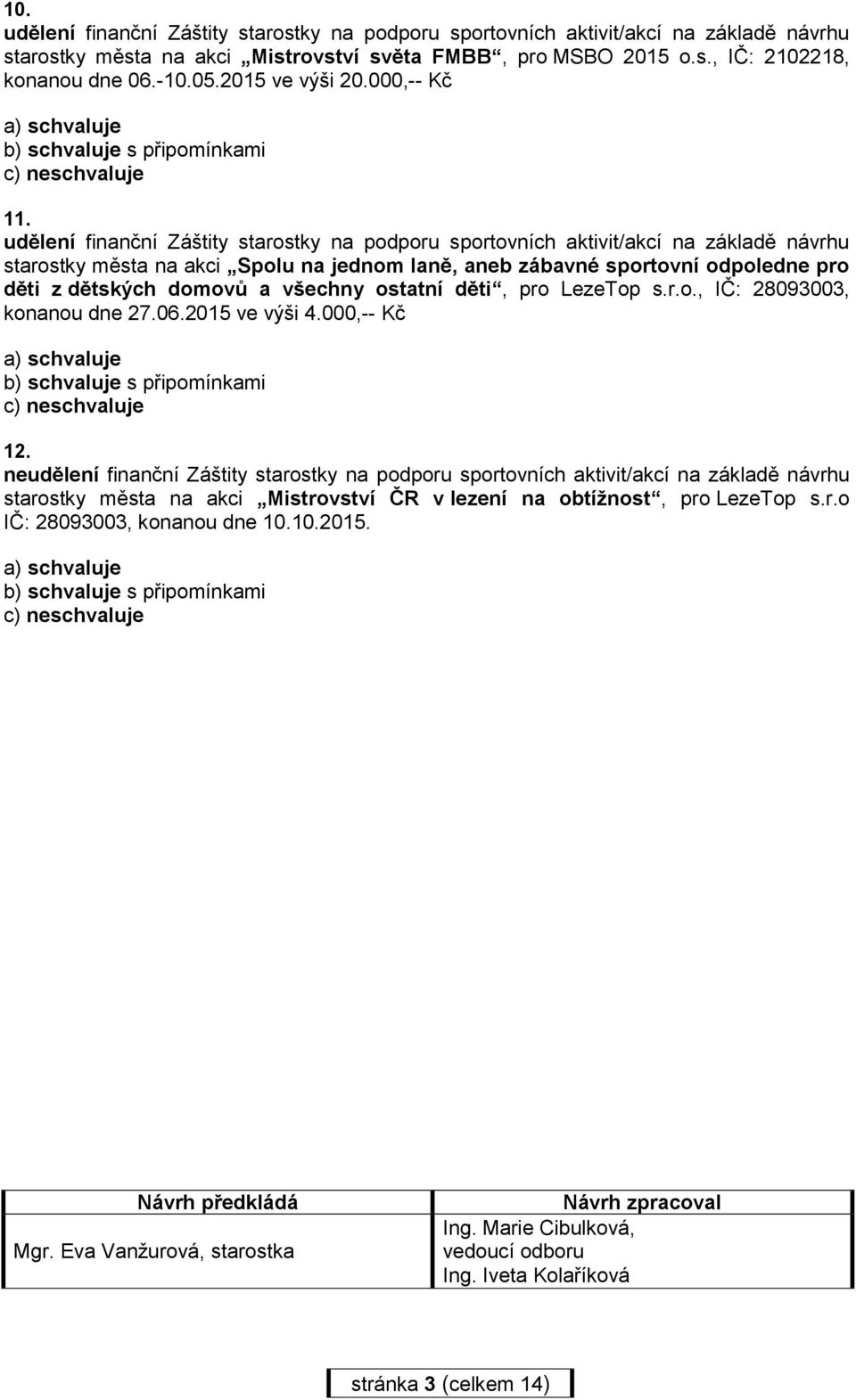 06.2015 ve výši 4.000,-- Kč 12. ne starostky města na akci Mistrovství ČR v lezení na obtížnost, pro LezeTop s.r.o IČ: 28093003, konanou dne 10.10.2015. Návrh předkládá Mgr.