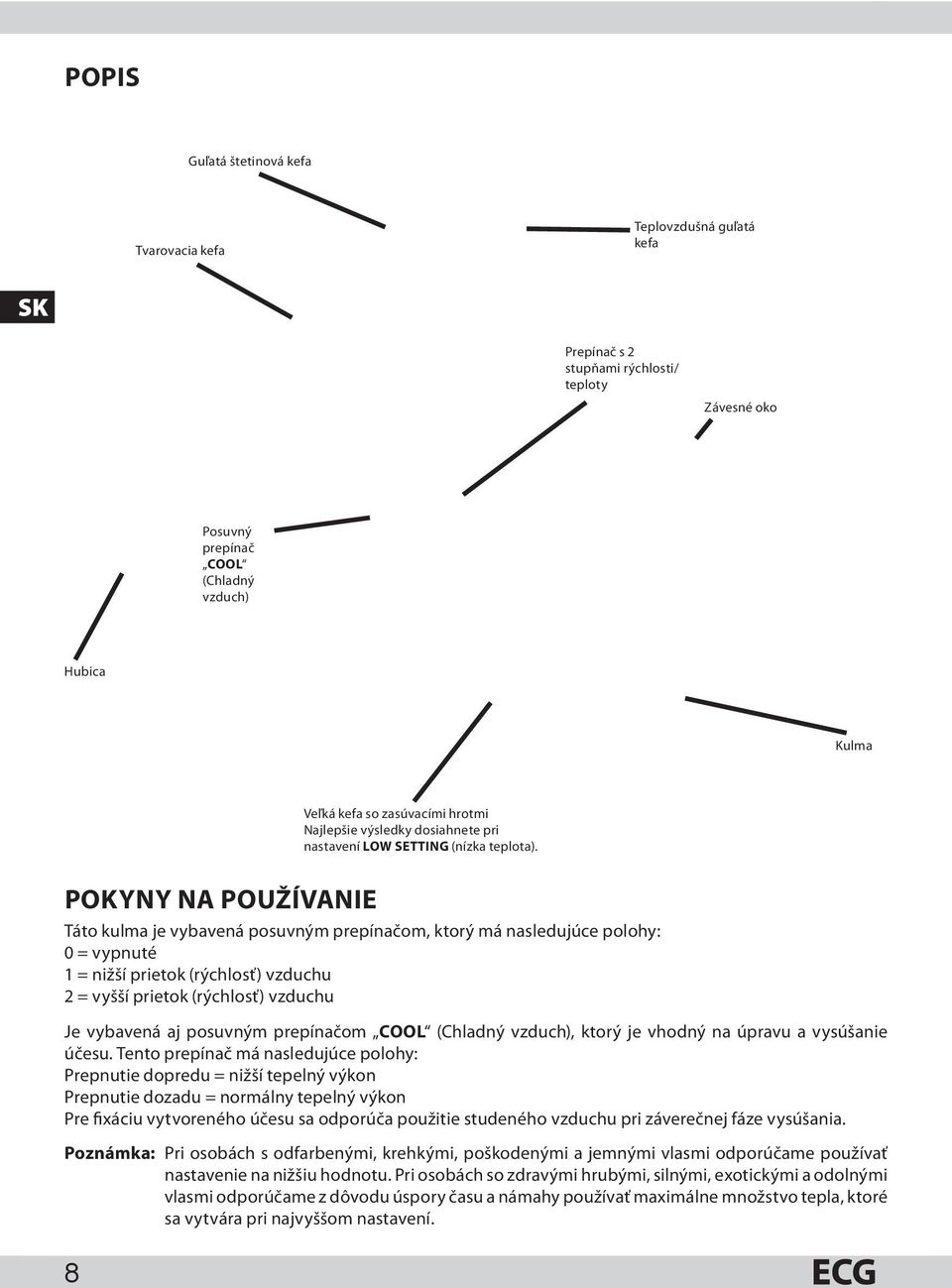 POKYNY NA POUŽÍVANIE Táto kulma je vybavená posuvným prepínačom, ktorý má nasledujúce polohy: 0 = vypnuté 1 = nižší prietok (rýchlosť) vzduchu 2 = vyšší prietok (rýchlosť) vzduchu Je vybavená aj