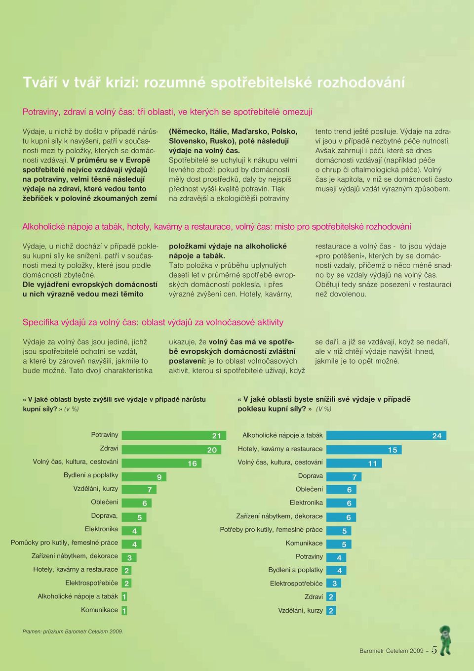 V průměru se v Evropě spotřebitelé nejvíce vzdávají výdajů na potraviny, velmi těsně následují výdaje na zdraví, které vedou tento žebříček v polovině zkoumaných zemí (Německo, Itálie, Maďarsko,