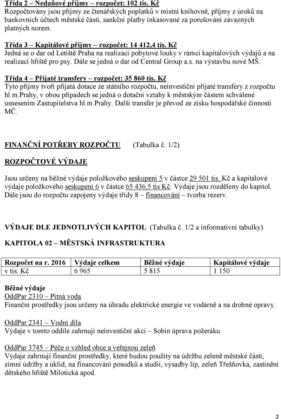 Třída 3 Kapitálové příjmy rozpočet: 14 412,4 tis. Kč Jedná se o dar od Letiště Praha na realizaci pobytové louky v rámci kapitálových výdajů a na realizaci hřiště pro psy.