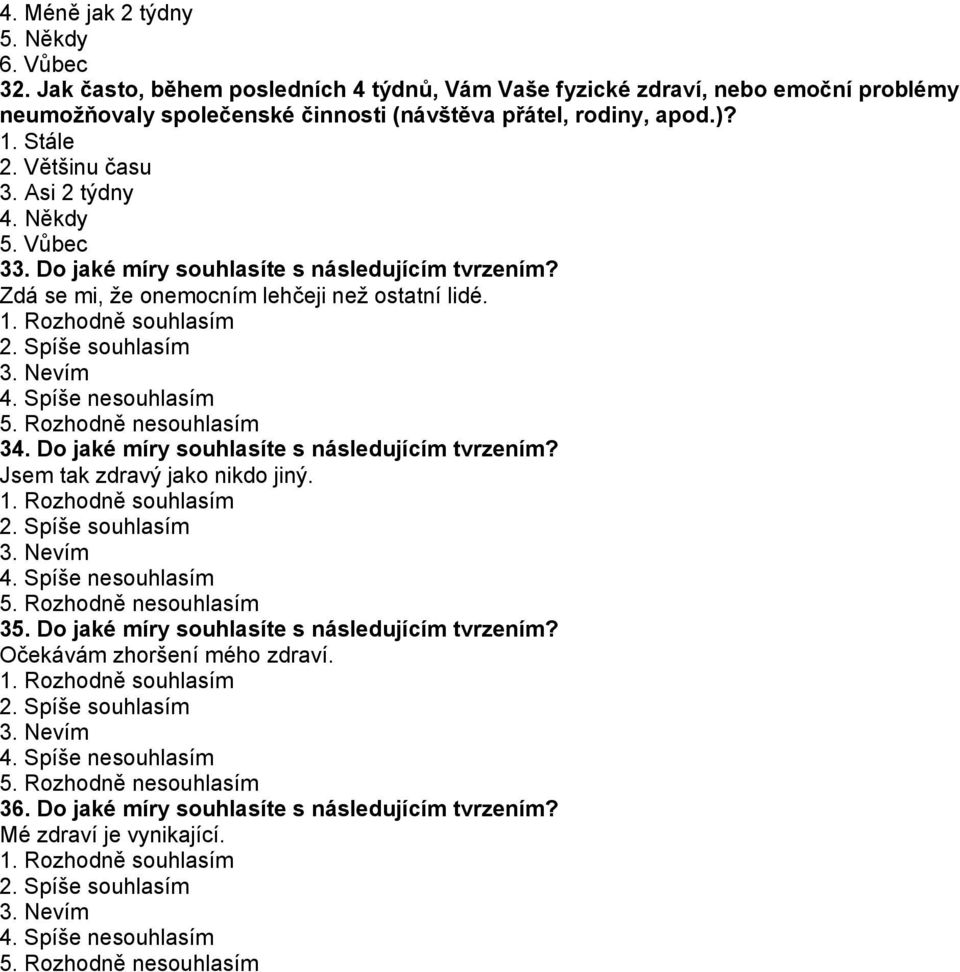 Rozhodně nesouhlasím 34. Do jaké míry souhlasíte s následujícím tvrzením? Jsem tak zdravý jako nikdo jiný. 1. Rozhodně souhlasím 2. Spíše souhlasím 3. Nevím 4. Spíše nesouhlasím 5.