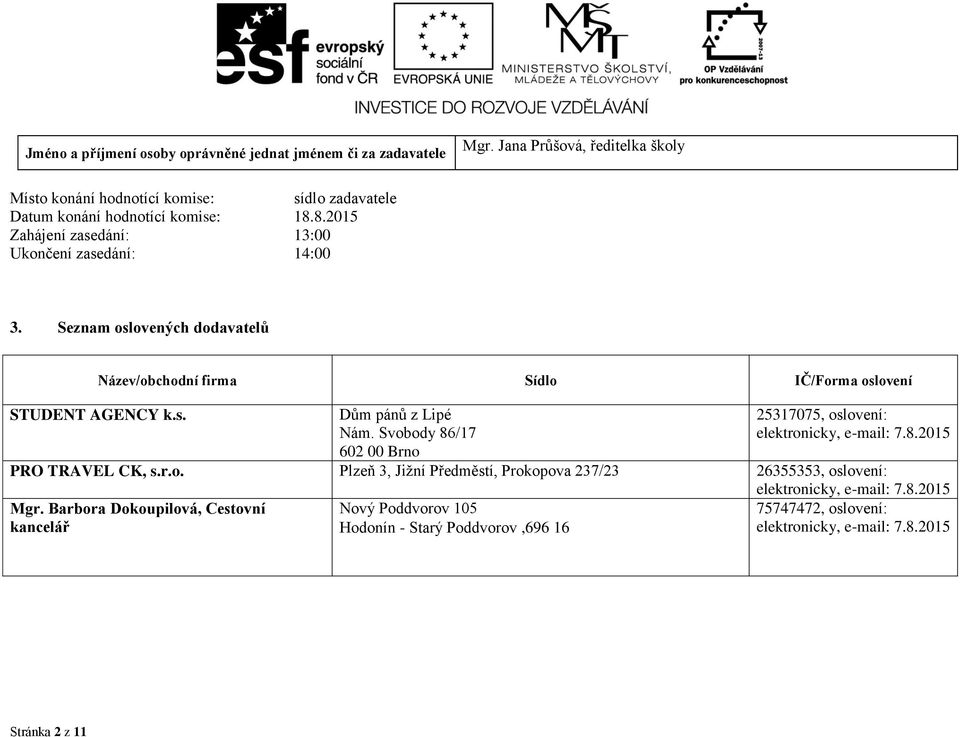 Seznam oslovených dodavatelů Název/obchodní firma Sídlo IČ/Forma oslovení STUDENT AGENCY k.s. Dům pánů z Lipé Nám.