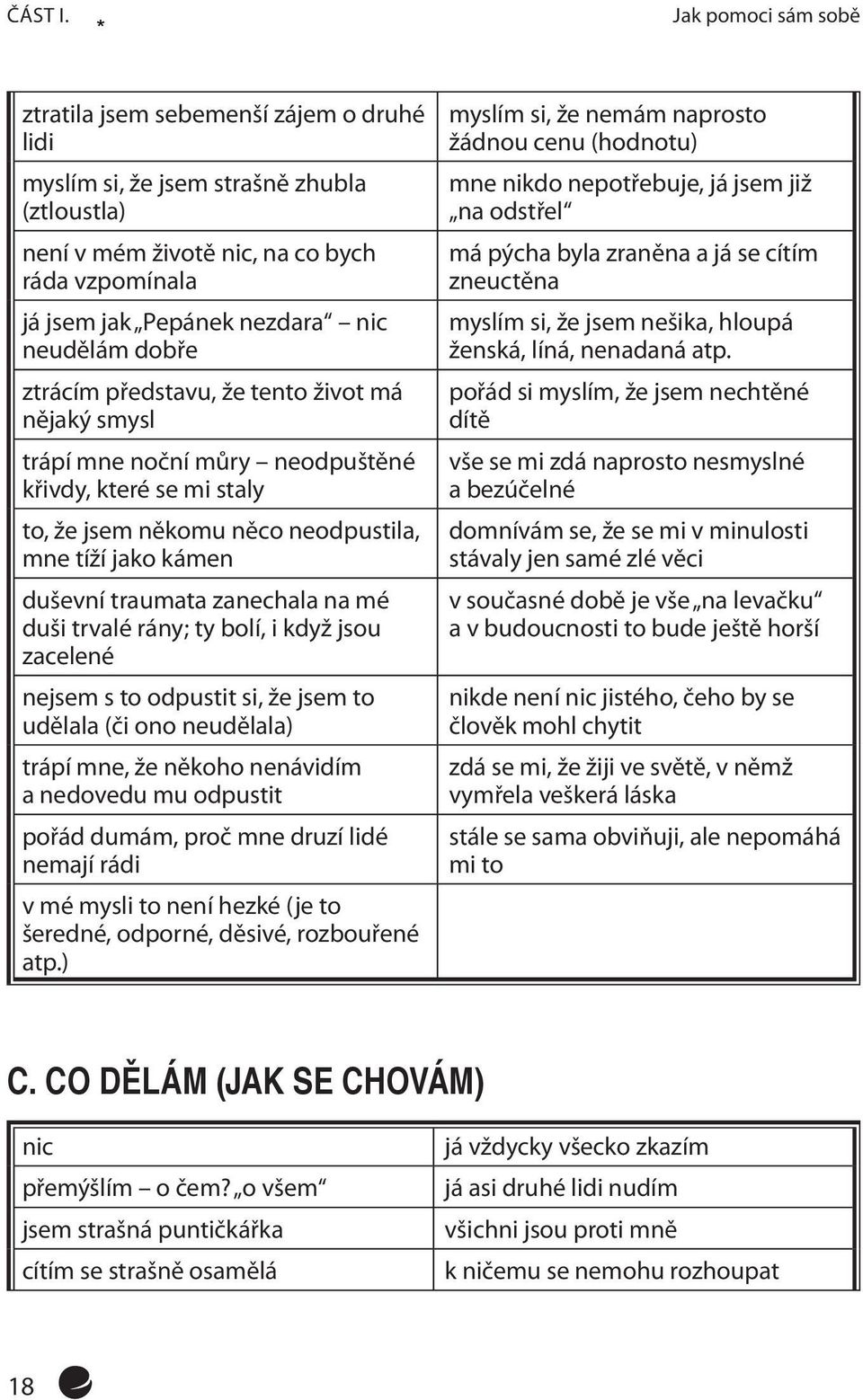 neudělám dobře ztrácím představu, že tento život má nějaký smysl trápí mne noční můry neodpuštěné křivdy, které se mi staly to, že jsem někomu něco neodpustila, mne tíží jako kámen duševní traumata